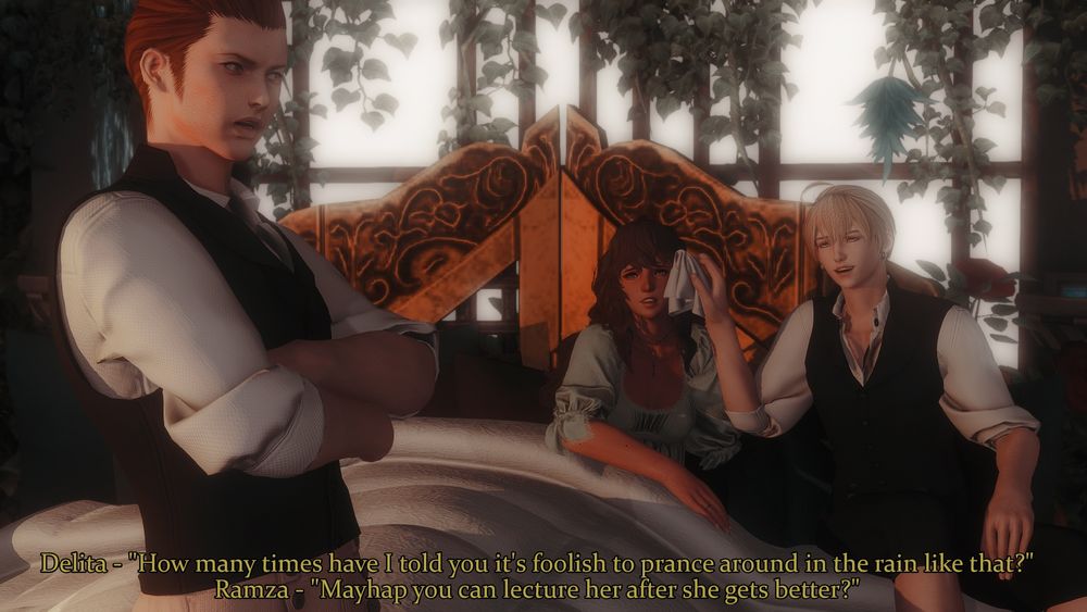 There are three figures pictured. Closer to the viewer is Delita Heiral, a character from Final Fantasy Tactics, he has his arms crossed, his brows furrowed and lips parted as he speaks. Further from the viewer is Ramza Beoulve, another character from Final Fantasy Tactics, and my Tactics oc Orpheus Royce. Orpheus is sitting beneath the covers as Ramza sits on top of them. Ramza is dapping a wet towel against Orph's head. Both of them are looking at Delita with two different expression. Ramza wears a smile as Orpheus looks worried.

In yellow text at the bottom of the picture:
"Delita - "How many times have I told you it's foolish to prance around in the rain like that?"
Ramza - "Mayhap you can lecture her after she gets better?"