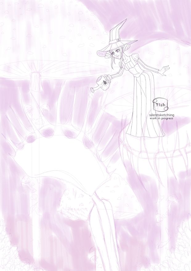 Rough sketch of a witch in a striped dress and hat watering a large carnivourous plant. She's standing on top of another large carnivorous plant. There are tall mushrooms in the background.