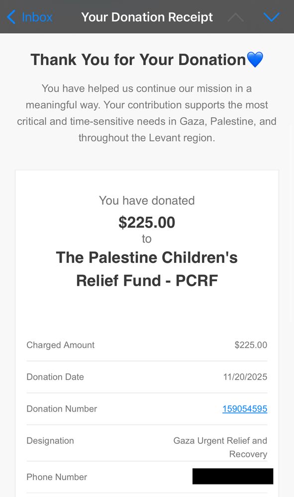 Donation receipt to The Palestine Children's Relief Fund (PCRF) which shows a total of $225 for their Gaza Urgent Relief and Recovery fund.