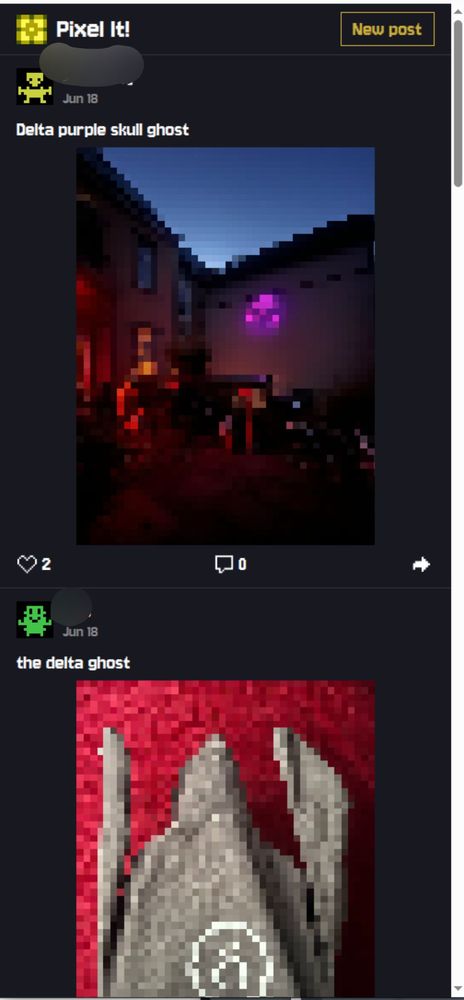 primary view on "pixel it" app posts,  with two entries: 
- "Delta purple skull ghost" with some house corner visible and a light projection on the wall. Two people have "hearted" this. 
- "The delta ghost" with some picture of a classic ghost shape with a pixelated "delta" on top 