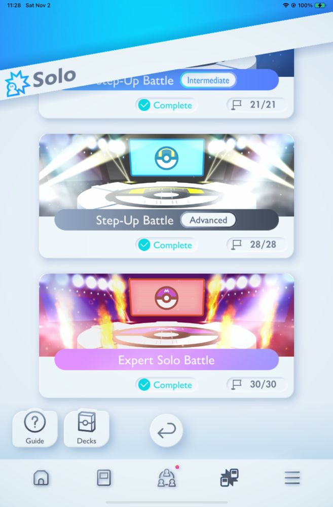 ポケポケ（Pokémon TCG Pocket）のスクリーンショット。ひとりでバトル（Solo）のミッションが全て終わったことが分かる