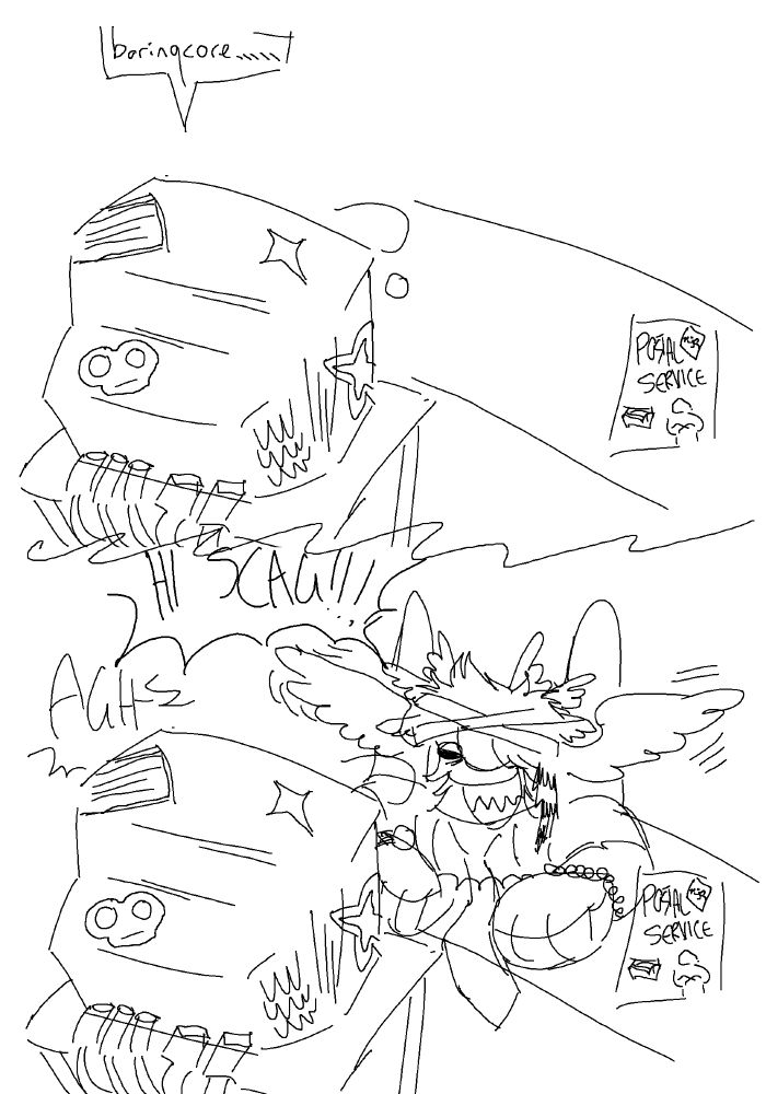 scag being bored at the floppy shoppy "boringcore,,,,,,,"
edgurr then suddenly phasing through the counter all excited with "HI SCAG!!!!!!!!!" and scag going "AGH-"