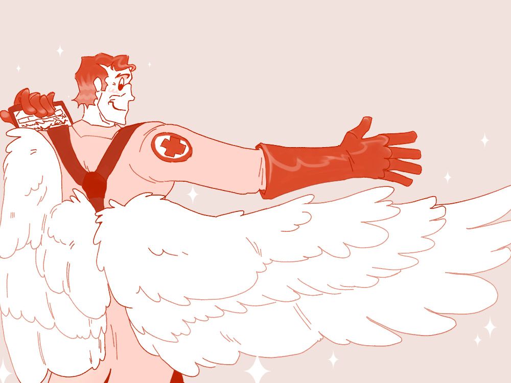 medic tf2 with wings on his lower back, outstretching one arm and wing to the side and holding a clipboard with the other hand