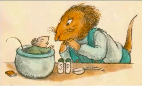 The mouse from Mouse Soup telling tales to the weasel from Mouse Soup who wants to eat him.