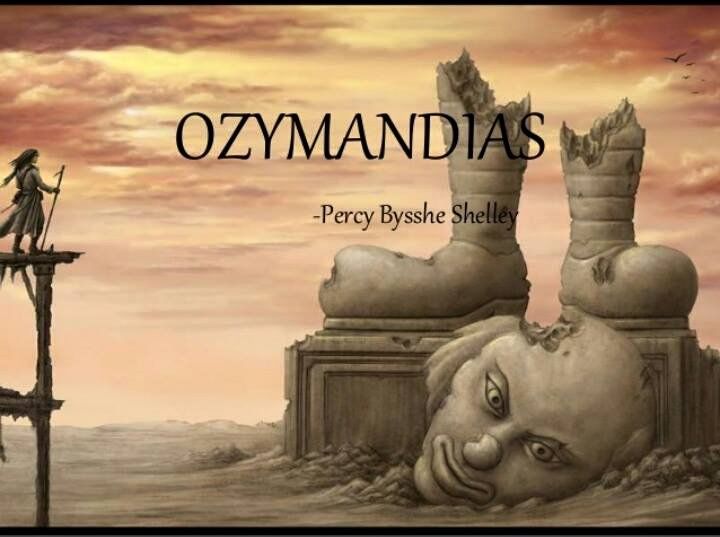 An illustration for the poem Ozymandias. Some sort of adventurer with flowing robes and hair, and a staff, is standing on top of some sort of scaffold. He surveys a giant statue of a clown, which has crumbled until nothing is left but a pair of big clown shoes and a clown face lying on the ground.