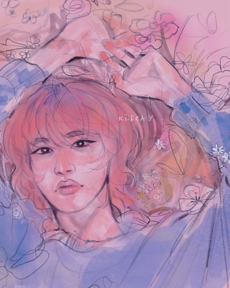 pastel sketch of a pink haired k-pop singer Seonghwa laying among flowers