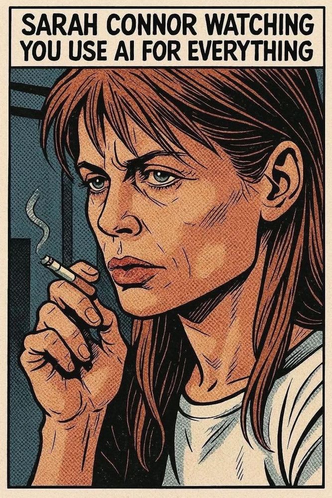 Meme
Sarah Connor watching you use AI for everything.
Image of woman with dark hair smoking a cigarette looking into the distance.