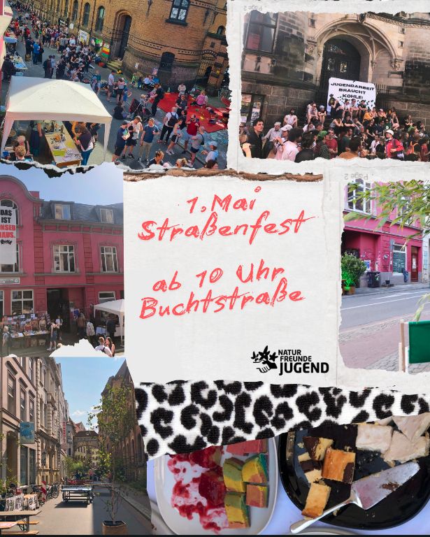 Einladung zum Buchtstraßenfest der Naturfreunde-Jugend in Bremen mit Bildern des Festes und des Essens.