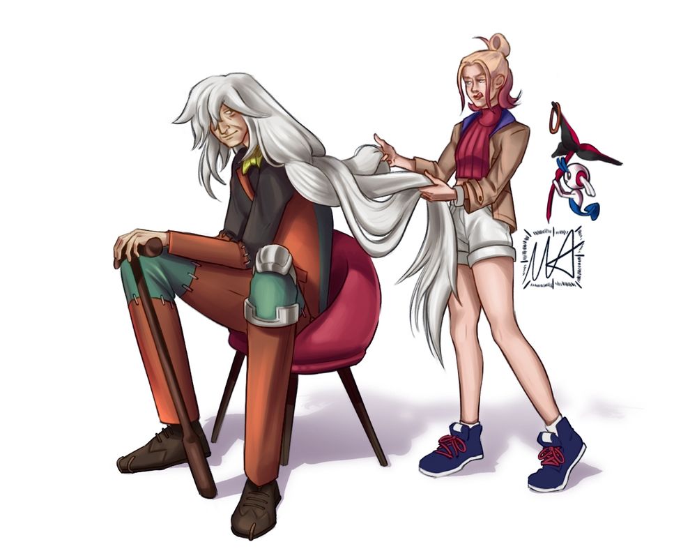 An old tall man with long white hair sitting on a chair while a girl in white shorts and a red crop top braids his hair. A little special floette is giving an hair tie to the girl