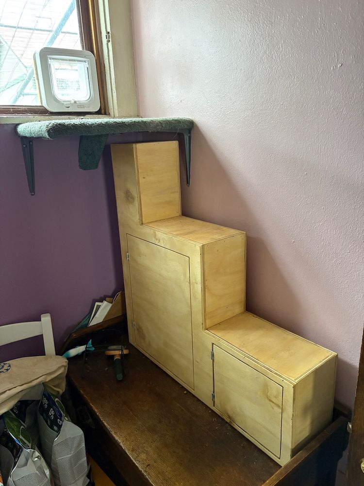 A small wooden stairway to help the cat reach the cat door in the window.