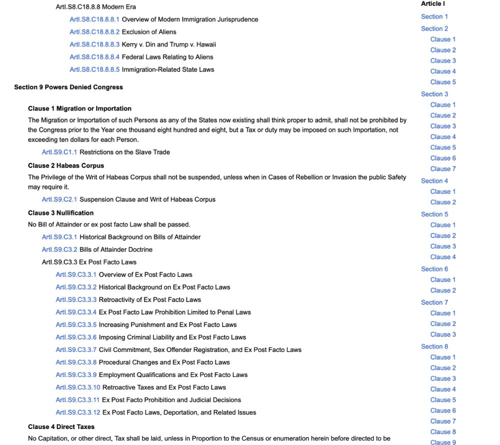 Screenshot from constitution.congress.gov showing the end of Article 1, Section 8 and the start of Article 1, Section 9