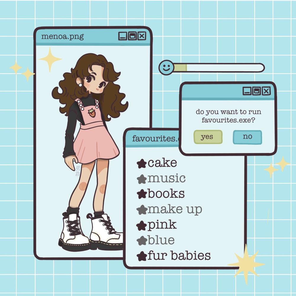 A drawing of me in a pink dress next to a list of my interests such as : books, make up, cats, cake and music 