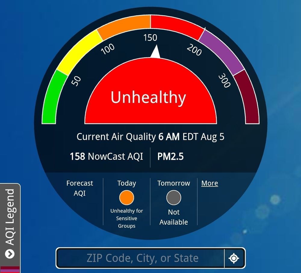 Air quality dashboard from airnow.gov showing unhealthy air quality in red on the dial at 158 AQI for PM2.5 ar 6am August 5 for my location, which is cropped out of the screen grab. The dial goes from green to magenta, "unhealthy" begins in the middle of the dial so you know it could always get worse.