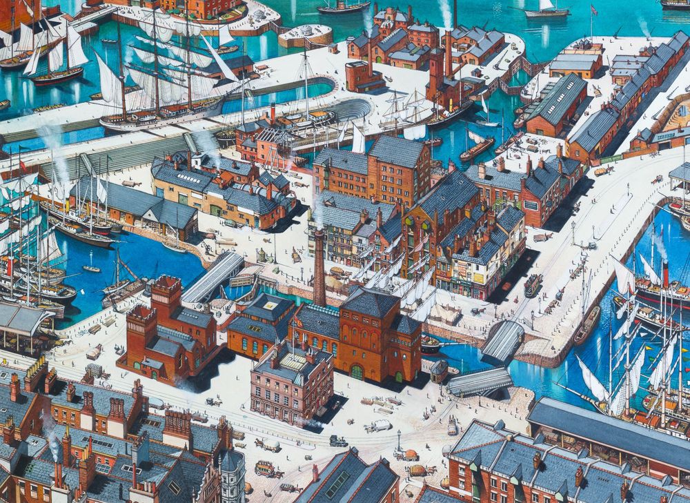 A watercolour - aeriel view of Liverpool's Mann island as it would have looked in 1890. Showing roadways and bridges, several docks and steam or sailing ships, industrial buildings and chimneys, commercial and warehouse buildings and pubs. 