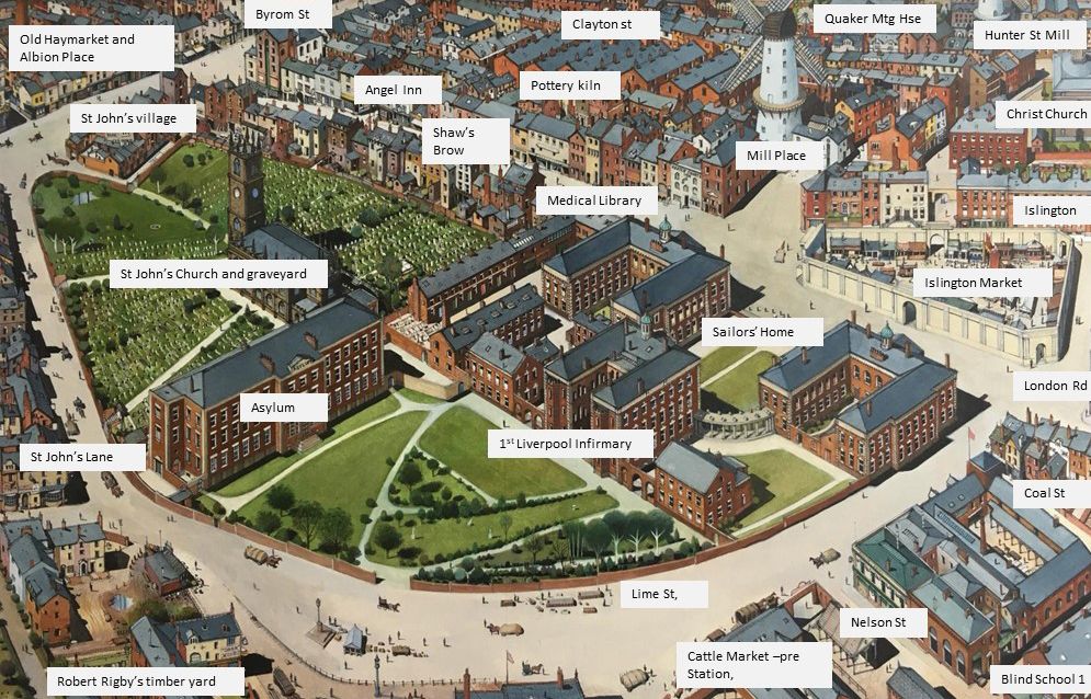 An aeriel view of art of Liverpool as it would have looked in 1823 - showing its streets and buildings. The picture is annotated with the names of streets and buildings, including the Seamen's hospital, the Infirmary/asylum, St John's church and lane, Lime Street and Shaw's brow. 