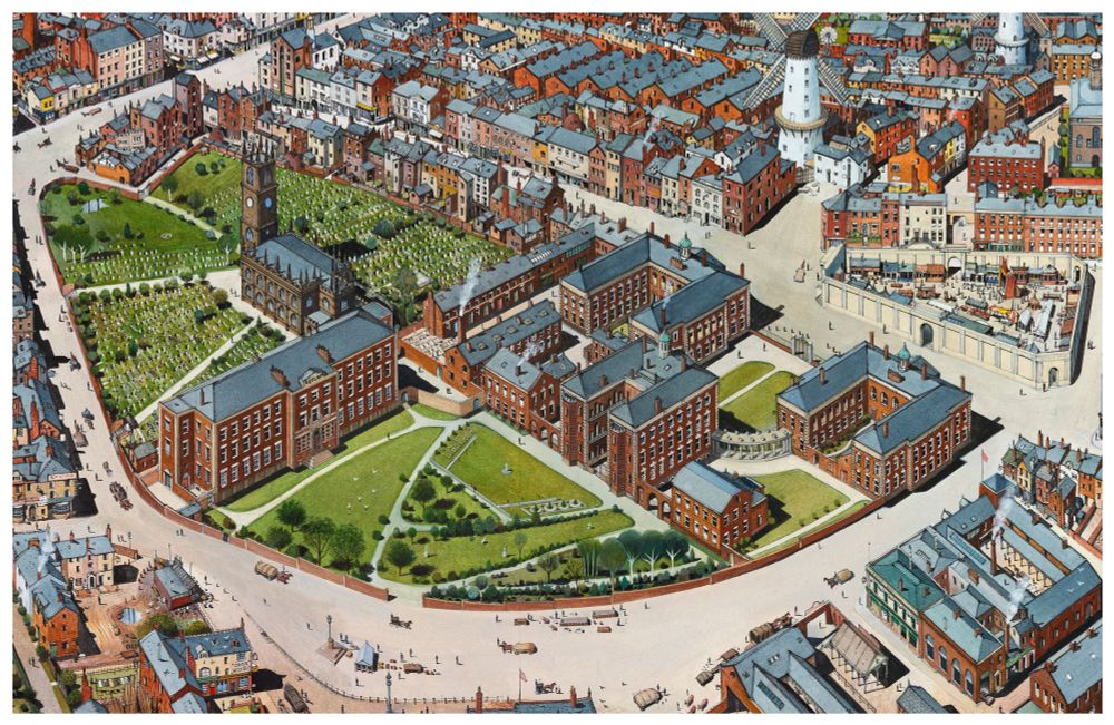 A watercolour showing an aeriel view of part of Liverpool. The view shows what existed before St Georges Hall, showing encircling streets, a church, markets, Georgian institutional buildings, shops houses and mills. 