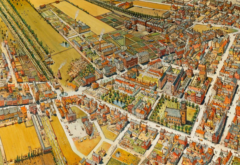 A watercolour representation of part of Liverpool as it would have looked in 1769. An aerial view showing buildings, industry, cultivated fields, tree-lined rope walks, a church and ornamental gardens. The painting focuses on Church Street, and Hanover Street