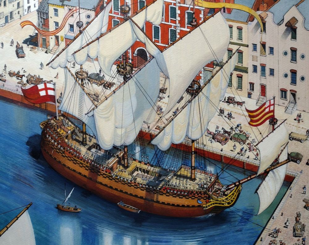 A watercolour reconstruction of the Mulberry, showing the Old Dock and activity on the dockside
