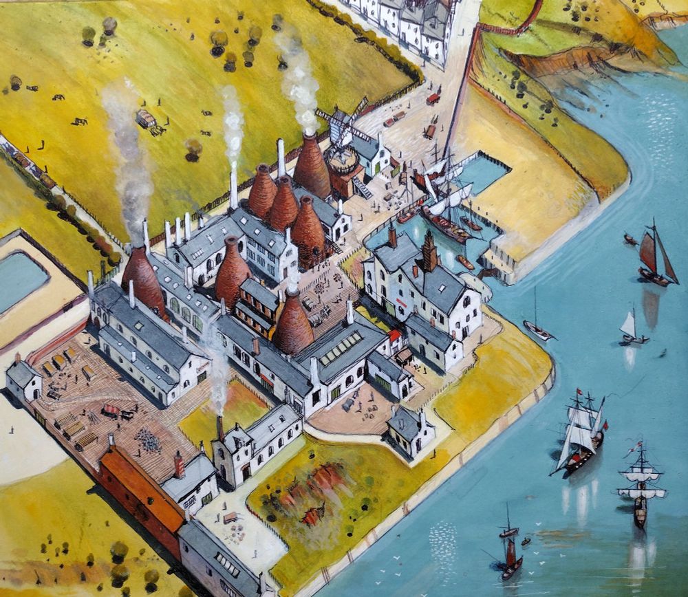 A watercolour reconstruction of Liverpool's Herculaneum pottery. Showing a birds eye view of the works, surrounding fields  a windmill, pottery buildings, kilns, yards, a dock with ships and the river Mersey with shipping. 