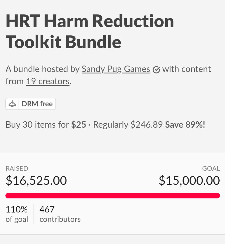 A screenshot showing a bundle on Itch named the "HRT Harm Reduction Toolkit Bundle", which raised $16,525.