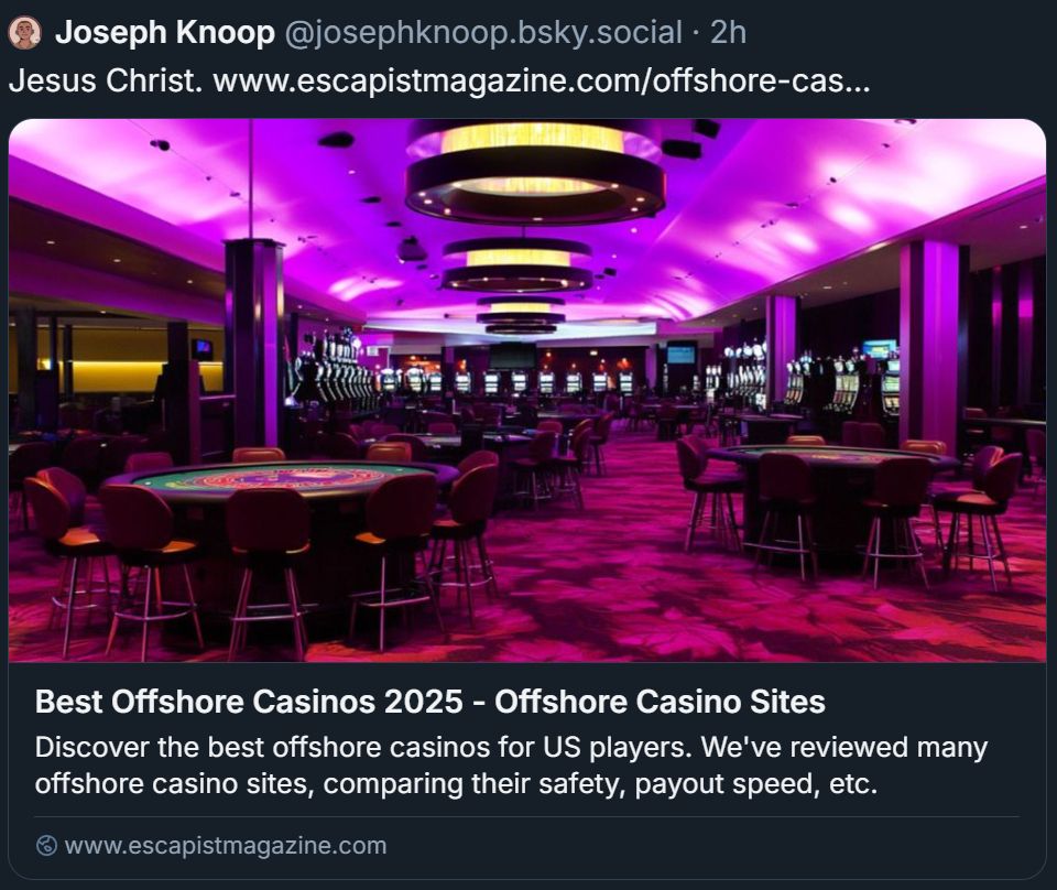 A screenshot showing an article on Escapist Magazine titled "Best offshore Casinos 2025"