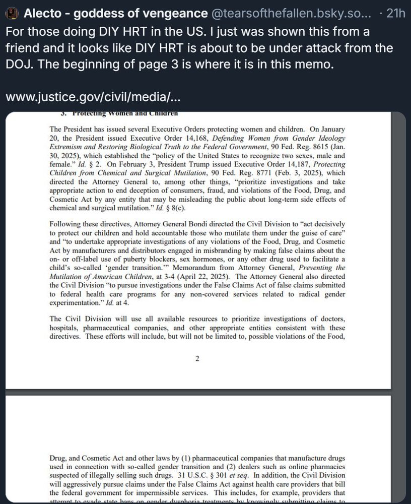 Screenshot showing a bluesky post about upcoming DOJ investigations into DIY HRT