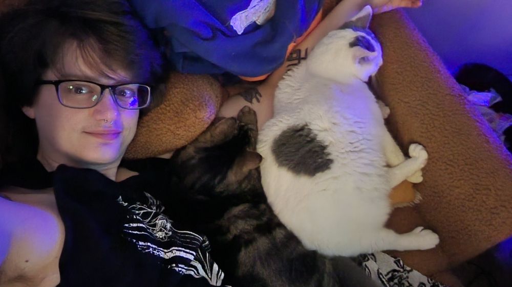 Selfie of Shack the human cuddling with John Denver the middle spoon, and Optimus the little spoon