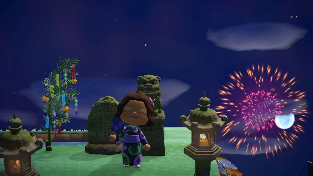 A photo of an animal crossing fireworks show, featuring East Asian inspired stoneware. The character wears a morning glory kimono with matching fan