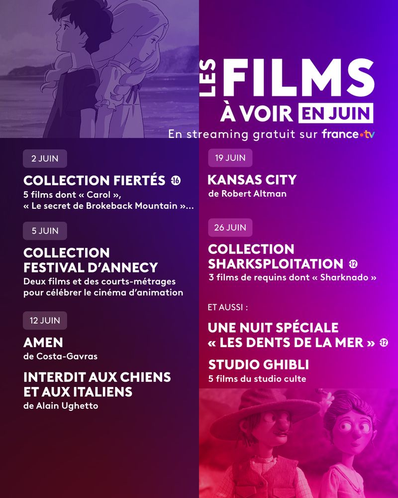 Visuel pour annoncer la programmation cinéma du mois de juin sur France Télévisions.

Image en haut à gauche : "Souvenirs de Marnie", avec les deux protagonistes qui se tiennent dos à dos.
Image en bas à droite : "Interdit aux Chiens et aux Italiens", avec le couple assis qui se regarde tendrement.

Liste des films : 

2 juin
Collection Fiertés (-16)
5 films dont "Carol", "Le secret de Brokeback Mountain"...

5 juin
Collection Festival d'Annecy
Des films et des courts-métrages pour célébrer le cinéma d'animation

12 juin
- Amen de Costa-Gavras
- Interdit aux chiens et aux italiens de Alain Ughetto

19 juin
Kansas City de Robert Altman

26 juin
- Collection Sharksploitation
3 films de requins dont "Sharknado"

Et aussi : 
- Une nuit spéciale "Les Dents de la Mer"
- Studio Ghibli : 5 films du studio culte