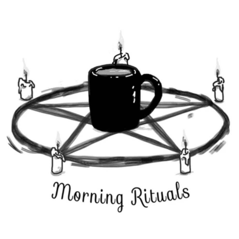 a black mug of coffee is placed in the center of a pentagram surrounded by five lit candles with text below it that says “morning rituals”