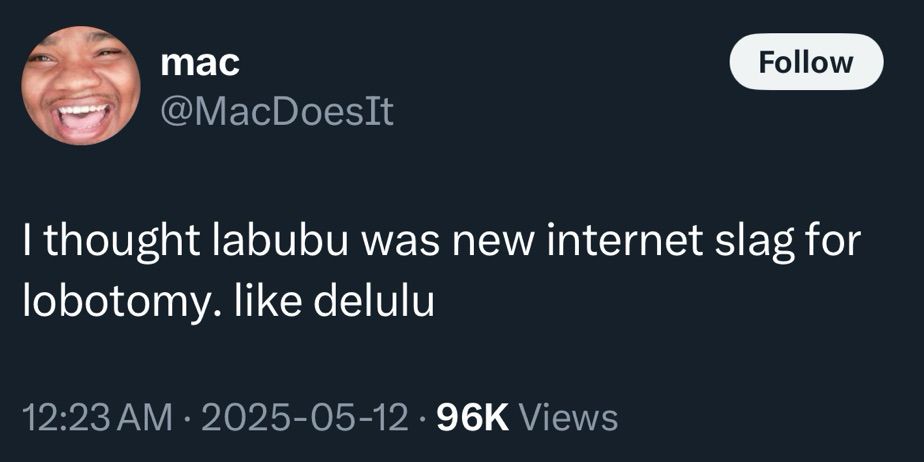 screenshot of a tweet that says: i thought labubu was new internet slag for lobotomy. like delulu