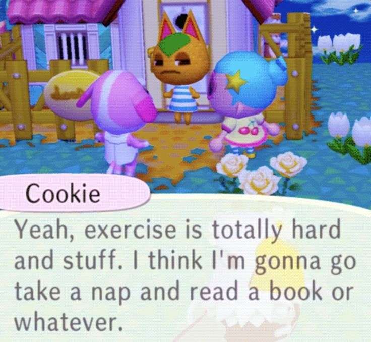 cookie from animal crossing saying "yeah, exercise is totally hard and stuff. i think i'm gonna go take a nap and read a book or whatever." to tangy and the villager