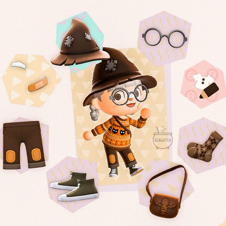 today’s ootd: brown witch hat, round glasses, bandages on nose and left cheek, an orange sweater with black cats, brown patched-knee pants, brown argyle crew socks, green high tops and a brown pleather shoulder bag