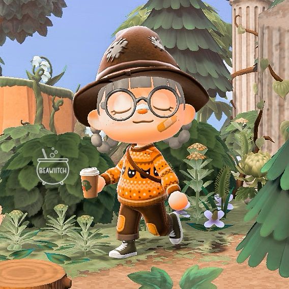 my character in animal crossing new horizons walking around the island in her ootd and drinking coffee from the roosts