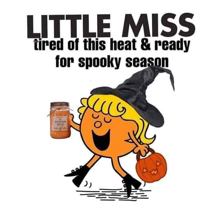 little miss wearing a witchy hat while holding a pumpkin and pumpkin spice candle with text that reads: little miss tired of this heat and ready for spooky season