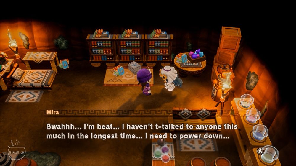 screenshot from the game fantasy life i: the girl who steals time where a character named mira says “bwahhh... i'm beat... i haven't talked to anyone this much in the longest time... i need to power down...”