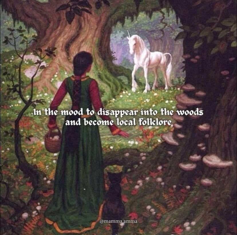a woman and her black cat standing in an enchanted forest looking towards a white unicorn. the text reads: in the mood to disappear into the woods and become local folklore.