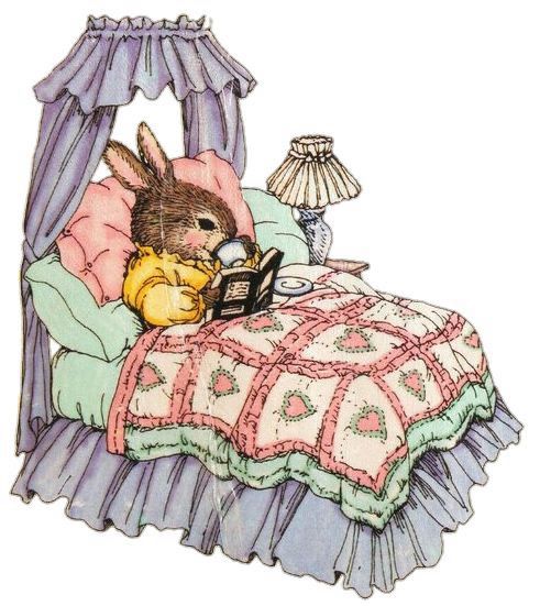 a brown rabbit wearing a yellow nightgown, sipping tea and reading a book while being extra cozy in bed