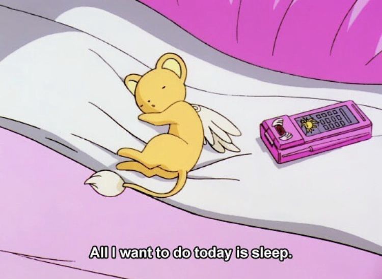 kero from cardcaptor sakura sleeping in a bed. text: all i want to do today is sleep.