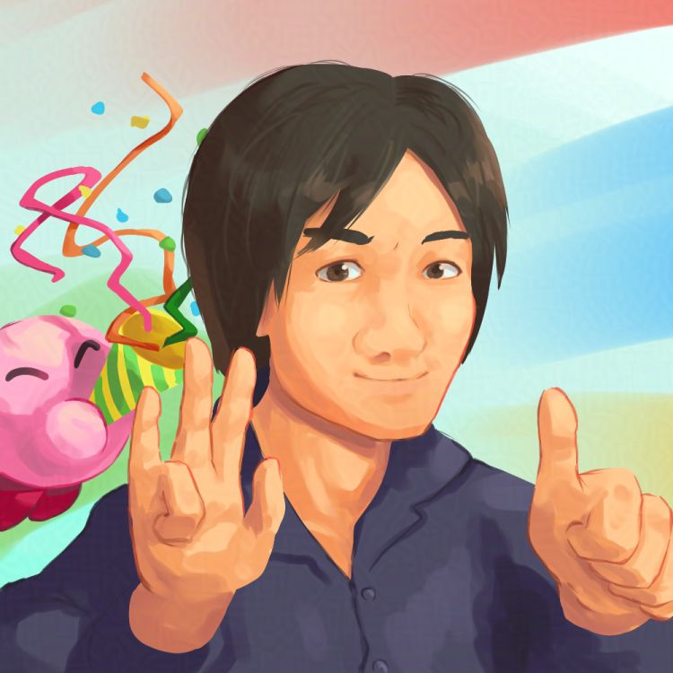 Sakurai with some of his fingers pointed up (amounting to "55" in binary).
Kirby is behind launching confetti and party favours.