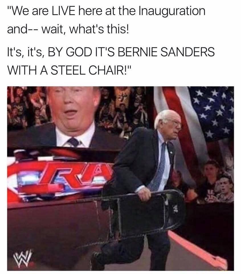 Bernie Sanders photoshopped into a WWE entrance holding a steel chair, with the announcer shocked by his appearance