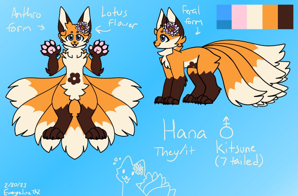 A ref sheet of a 7 tailed anthro fox named Hana. They have a flower in tbeir hair and a flower pattern on their tummy. I commissioned a newer one from the same artist so this is the old one