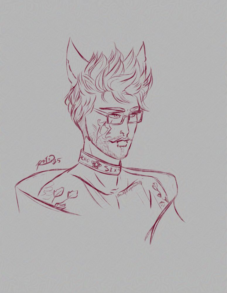 Digital sketch of a tattooed catboy in glasses.