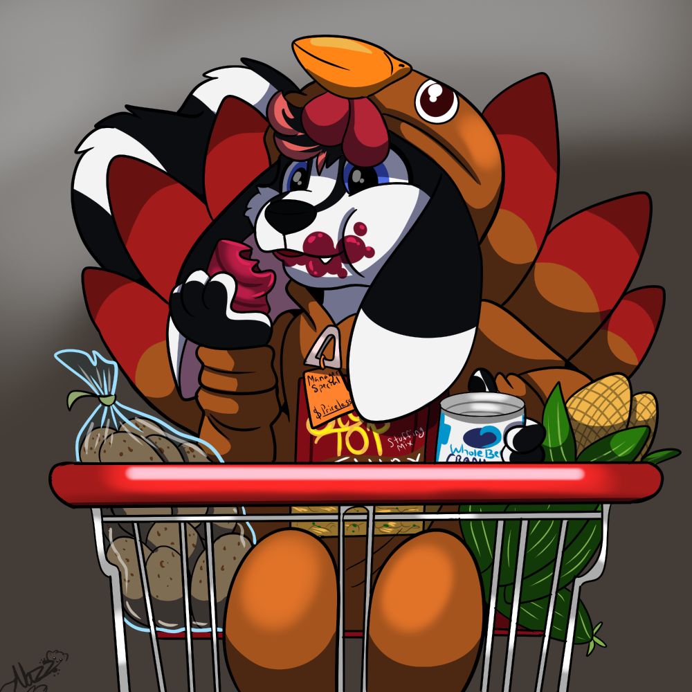 A skunk-bunny character is sitting in a grocery cart. He is wearing a turkey outfit while eating a log of cranberry jelly that comes from a can. He is surrounded by corn and a bag of potatoes, with a box of stuffing in his lap. The zipper of his outfit has a tag that reads "Manager Special $ Priceless".