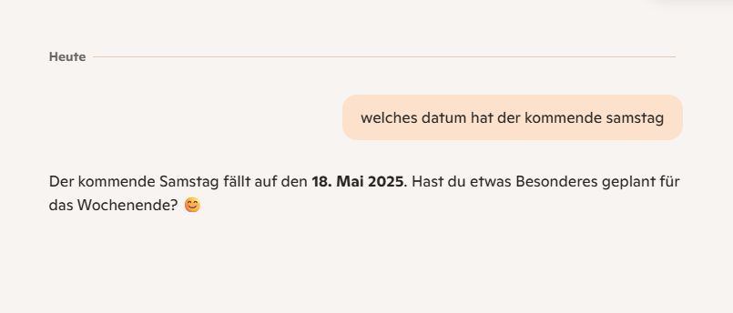 Screenshot von Copilot, wo es gefragt wird welches Datum der kommende Samstag hat. Es ist angeblich der 18. Mai (tatsächlich der 17.)