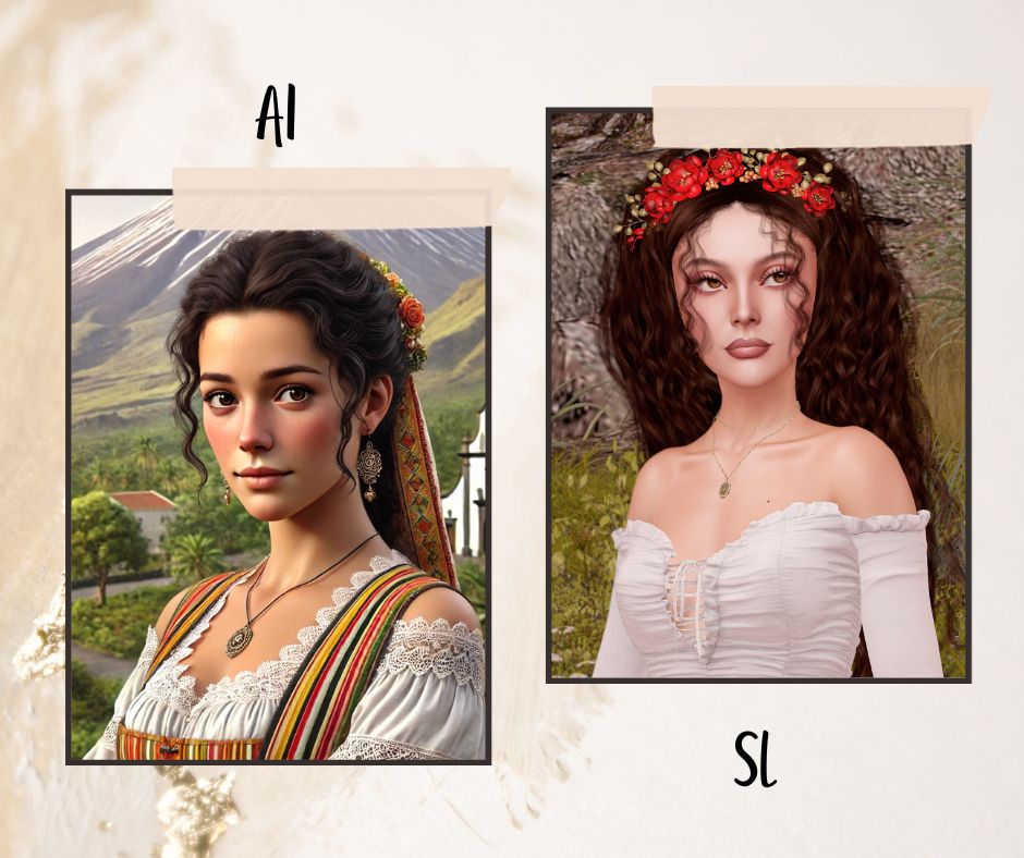 AI generated image of a woman from the Canary Islands and an image of a Second Life avatar created based on that image.