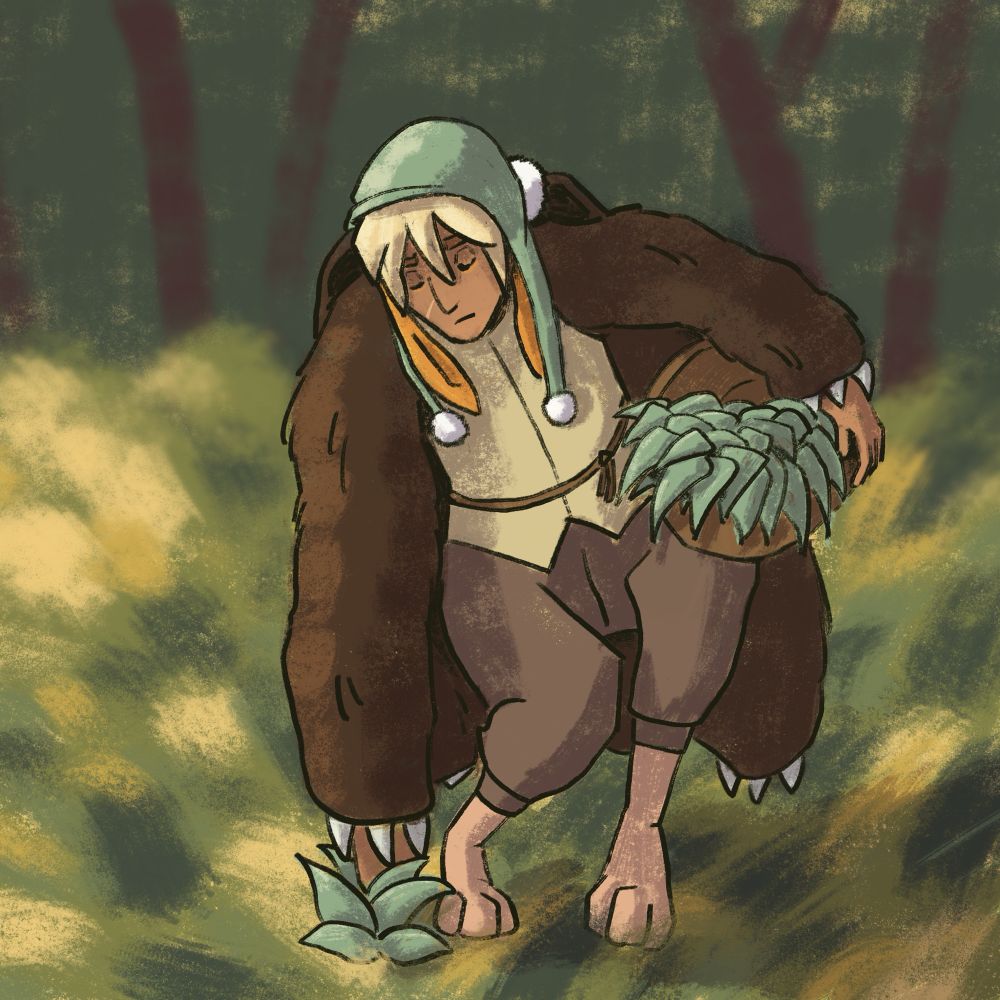 A drawing depicting a date picking herbs