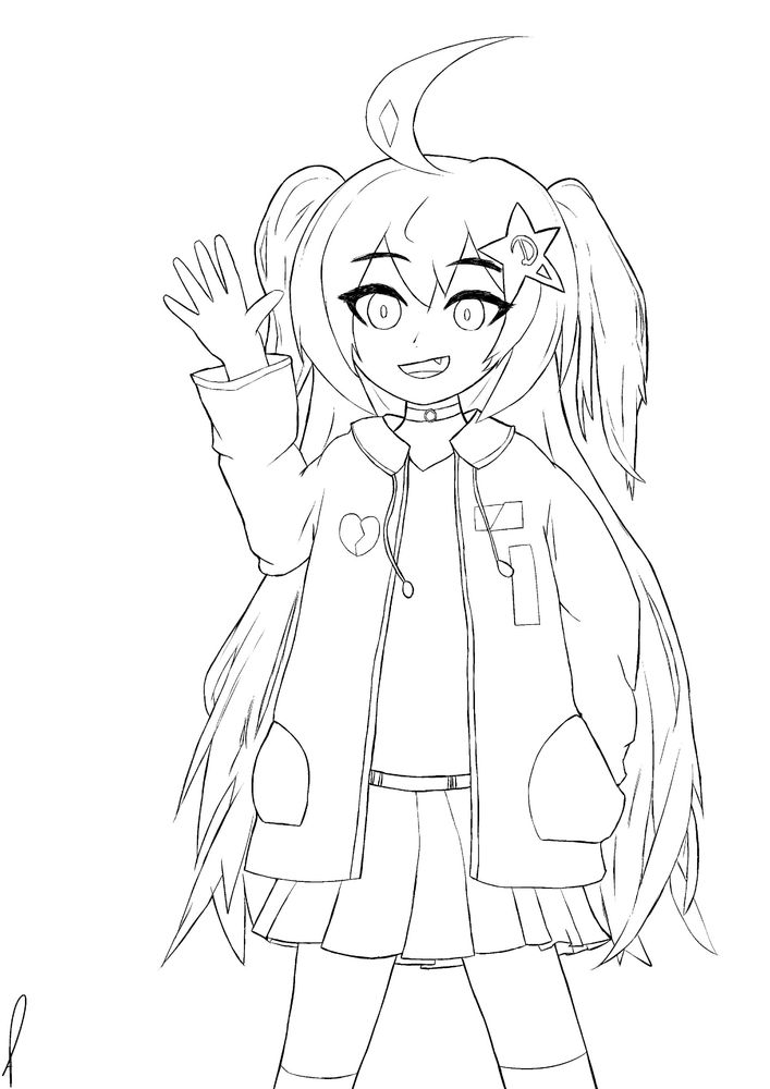 a drawing of a monochrome line art of my oc. She has long hair with a star shape hairclip, she also wearing a jacket with a broken heart decoration on her right and two rectangle decorations on her left, and wearing a skirt. She is smiling and have her left hand in her jacket's pocket and waving her right hand at you *smile face