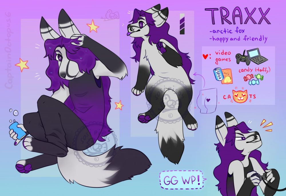 Reference sheet of Traxx, a silver, black, and purple arctic fox. She has purple hair and eyes, and black tips to her limbs, tail, and ears. She also features a black swoop on her muzzle and purple paws.