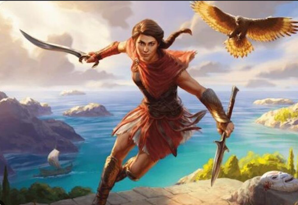 Kassandra from Assassins Creed video game weilding her sword and dagger with her bird Ikaros